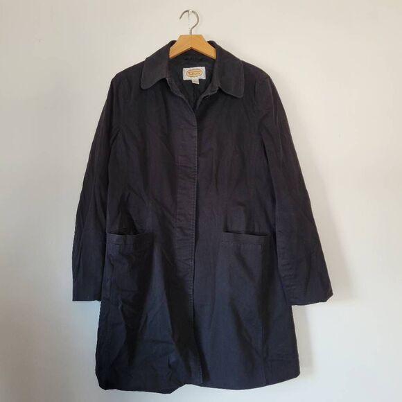 Talbots Black Cotton Blend Trench Coat Minimalist Classic Academia Jacket L - Picture 1 of 9